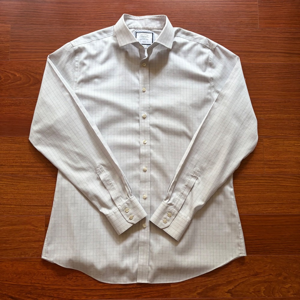 Charles Tyrwhitt Mens Dress Shirt 17/37 Slim Fit Grey White Grid Check Non-Iron